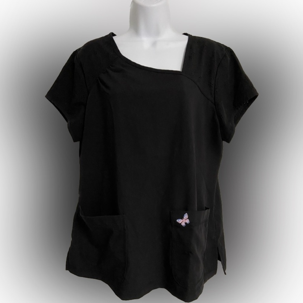 L- Mariposa Black Eyelet Cut Out BUTTERFLY Scrub Top